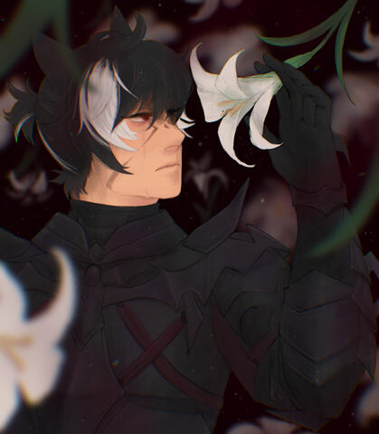 apollo as a dark knight; he takes comfort in flowers