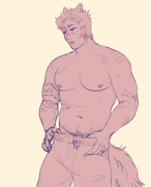 digital drawing of Apollo shirtless, showing his build, scars, and prosthetic arm.