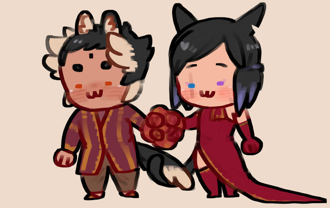 chibi drawing of apollo and his husband in their wedding attire, in his canon warrior of light universe.