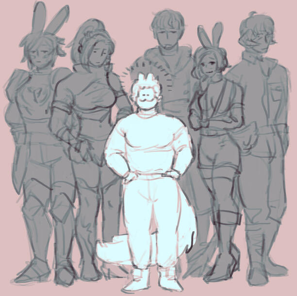 sketch showing apollo standing more than a head shorter than friends of taller races such as viera, roegadyn, garlean, and au ra.