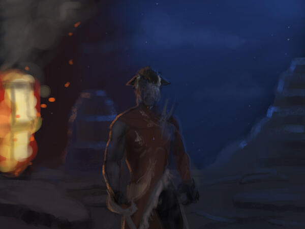 Apollo looking on the conflict and destruction at Baelsar’s Wall, sword in hand, tears of horror streaming down his face.