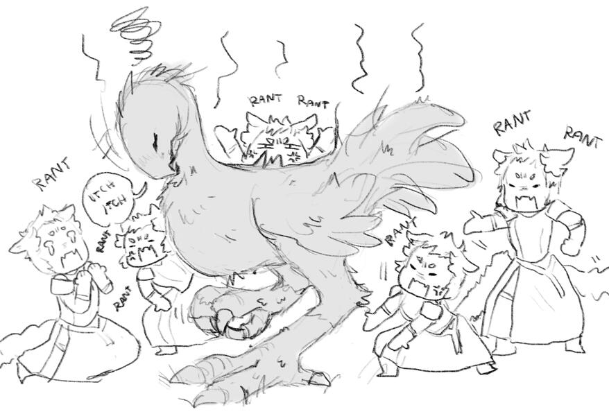 sketch of apollo ranting about a chocobo who looks poorly groomed.