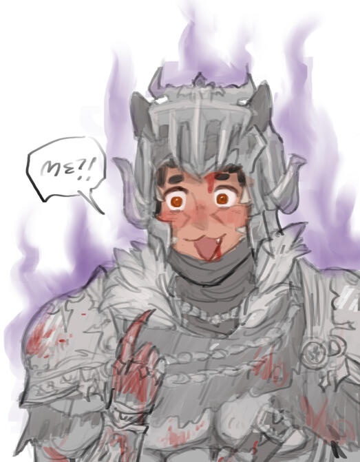 digital drawing of Apollo in dark knight armor with his visor up, pointing to himself and saying, “me?!” with a bewildered expression.