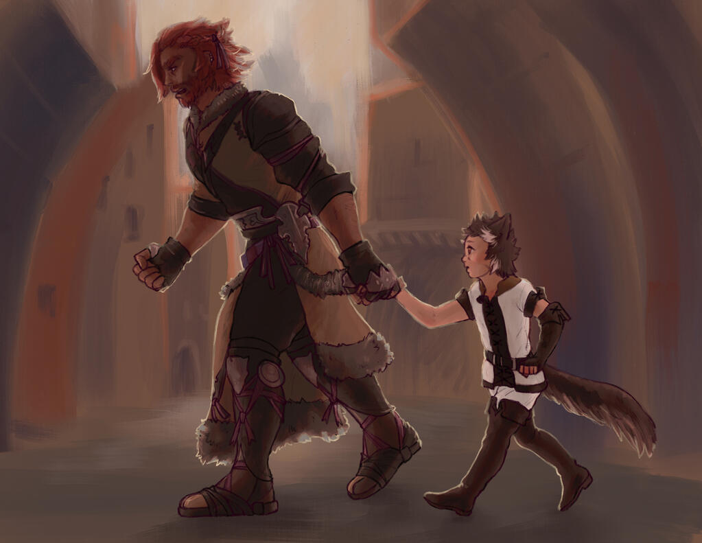 digital drawing of Apollo as a kitten being led by the hand by his adopted hyuran father Adalfarus through the market of Ul’dah.